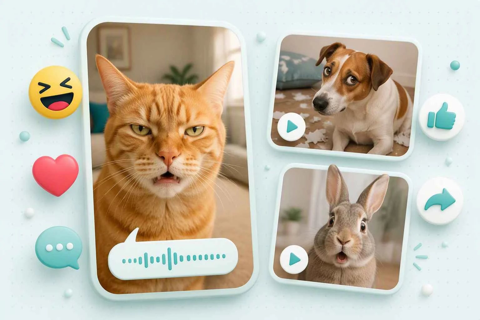 EzRemove Animali parlanti trasforma le espressioni divertenti di gatti, cani e conigli in meme di animali che parlano.