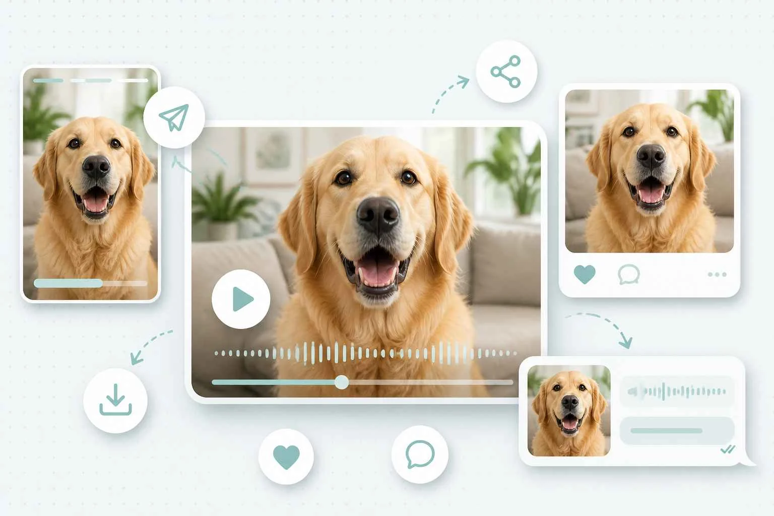 EzRemove Animali parlanti consente agli utenti di condividere un video di un cane parlante in post, storie, chat e messaggi.