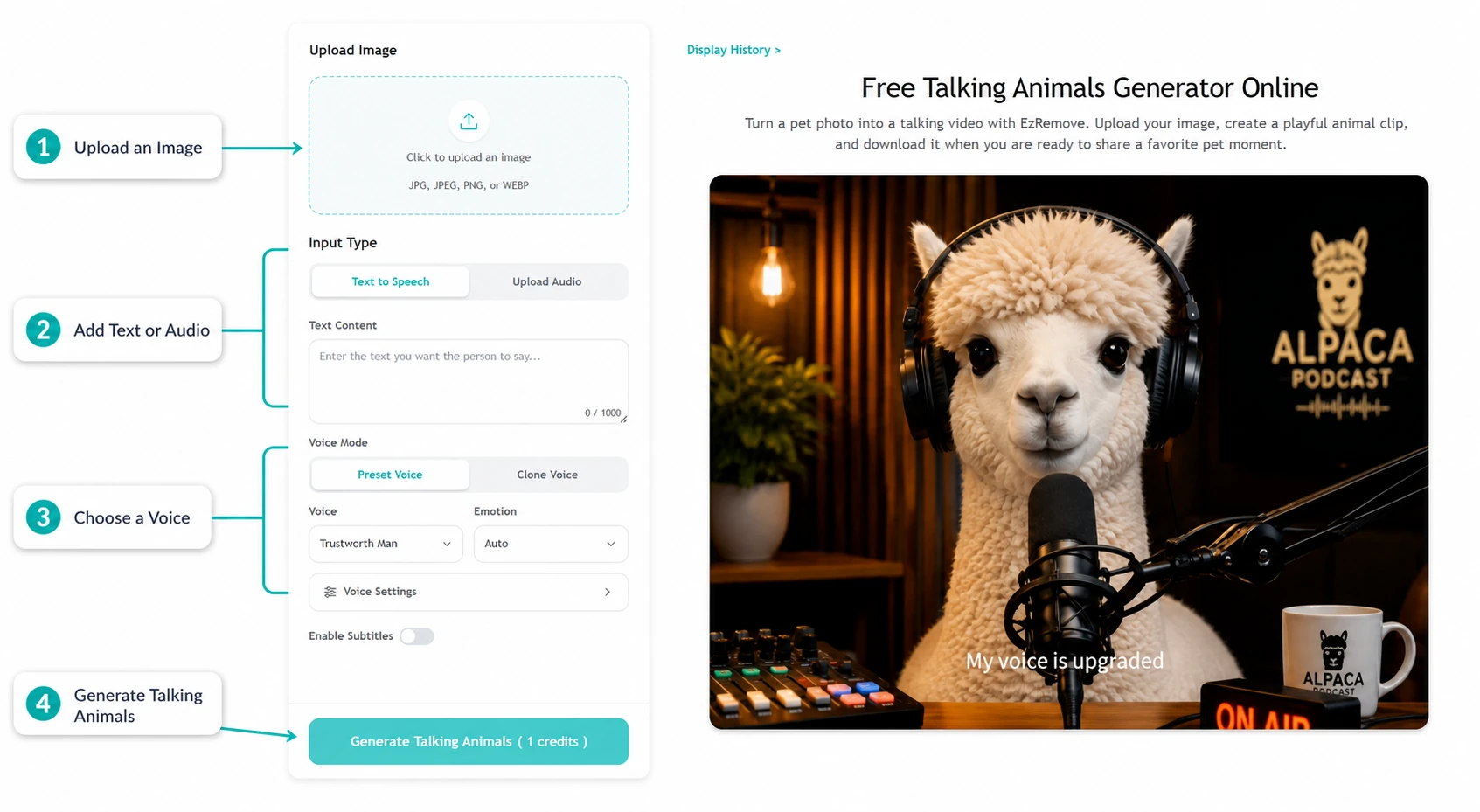 Flusso di lavoro per la creazione di Animali parlanti in EzRemove