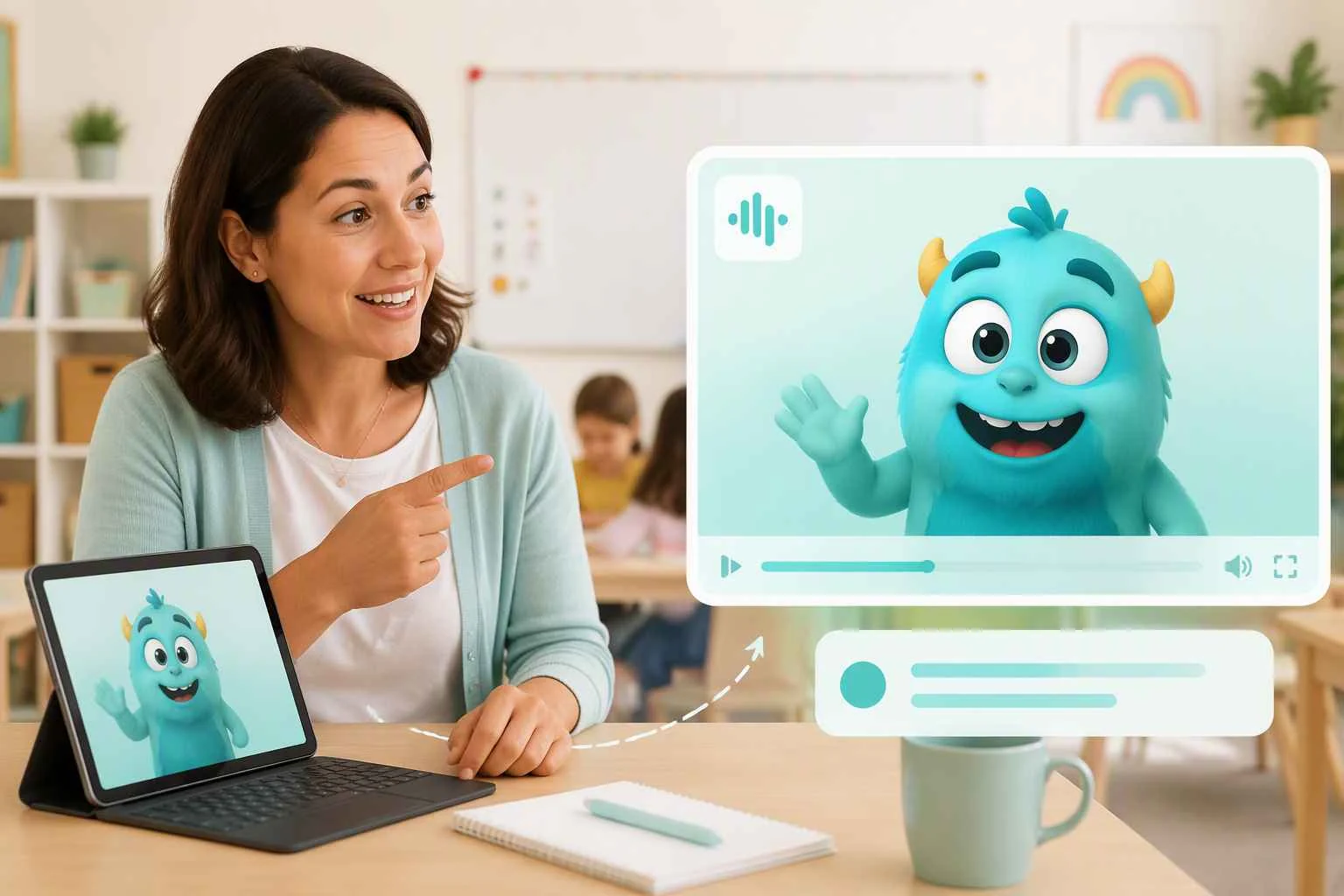Teacher using an EzRemove AI talking cartoon character for classroom prompts