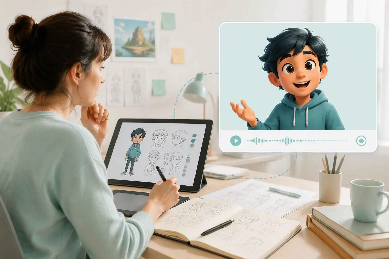 Artist testing an animated talking character for a story concept with EzRemove