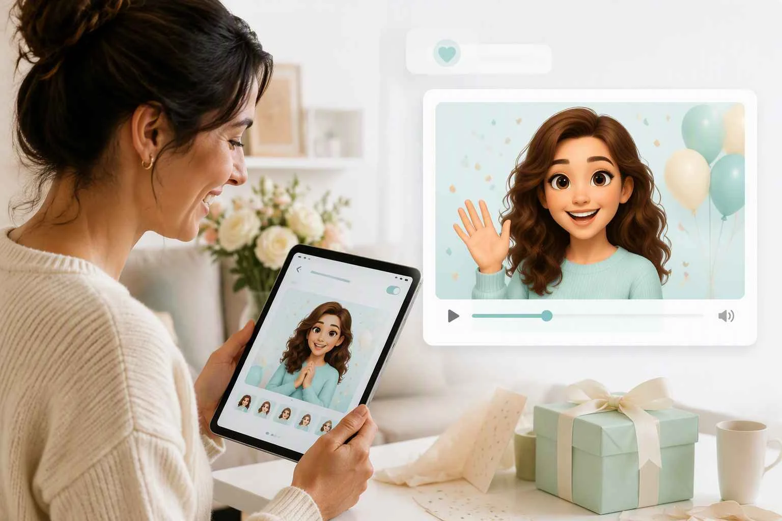 Creator making a personalized AI talking cartoon greeting video with EzRemove