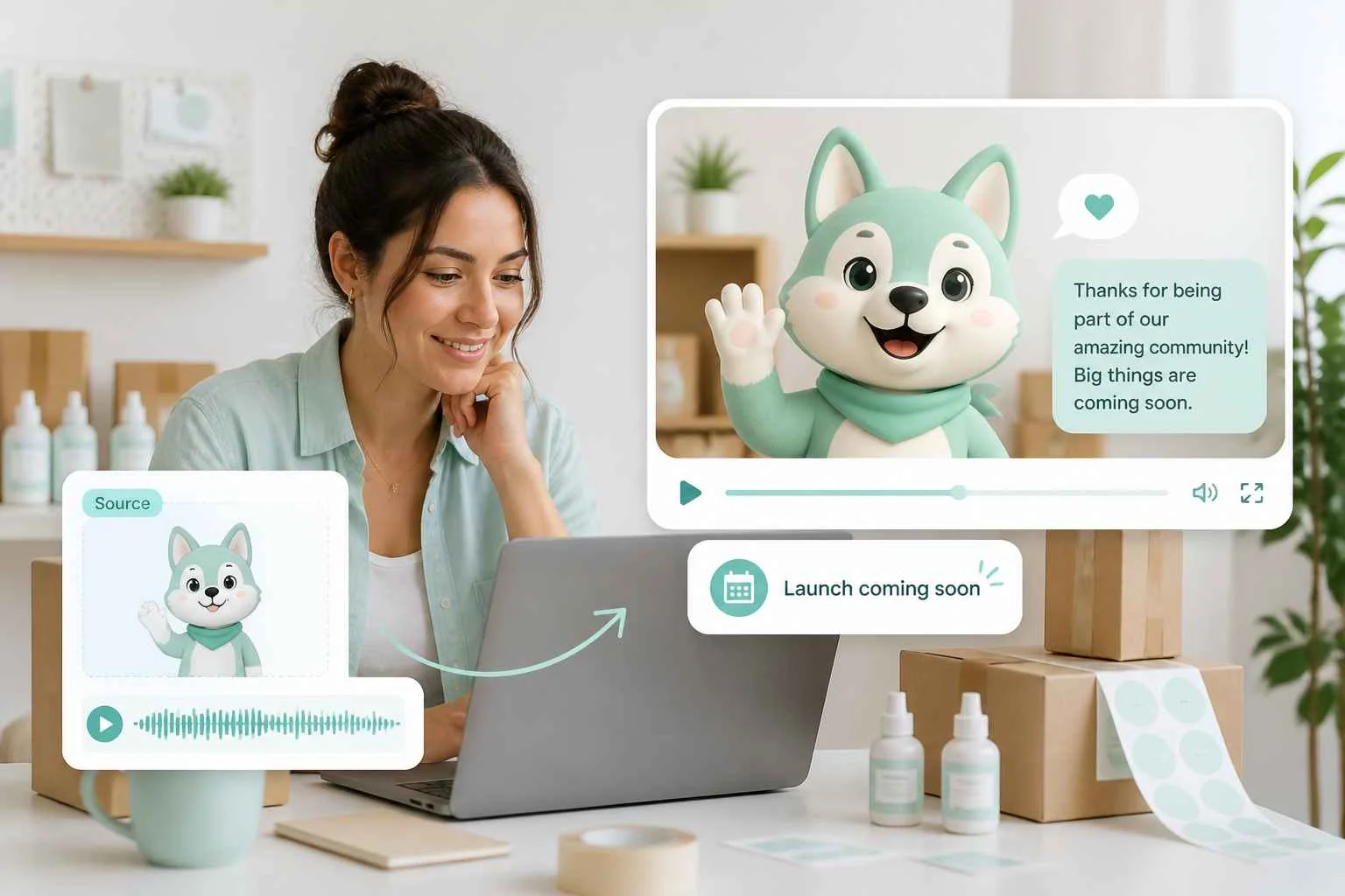 Small business owner creating an EzRemove talking cartoon mascot video for a brand update