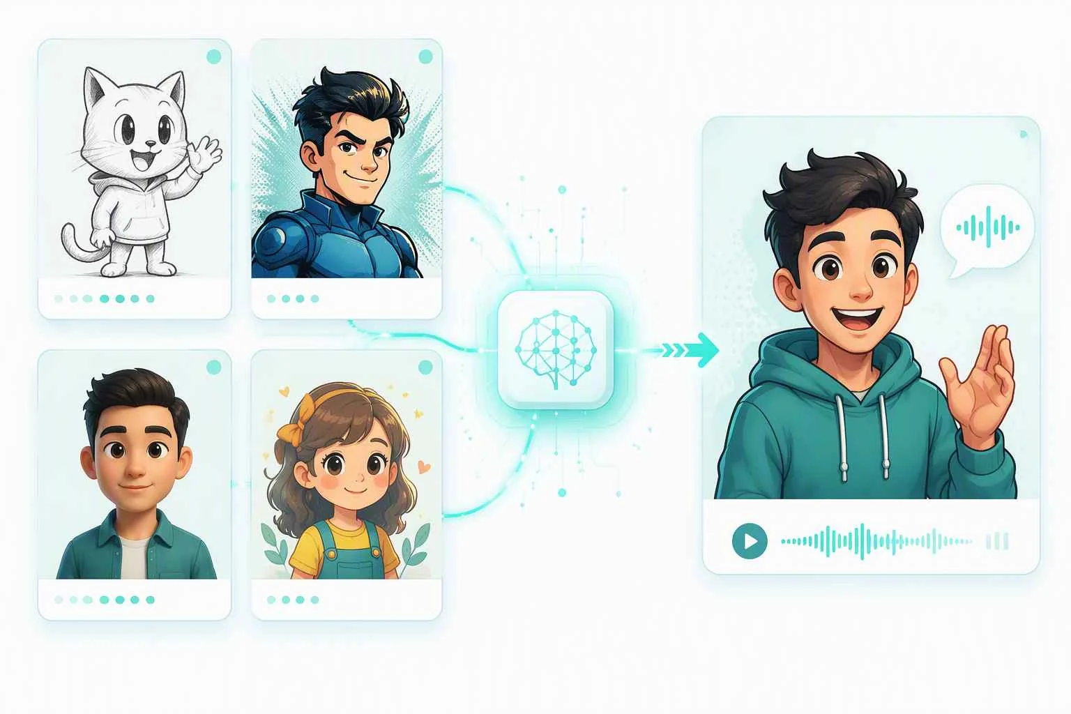 Different character styles transformed into an AI talking cartoon video with EzRemove