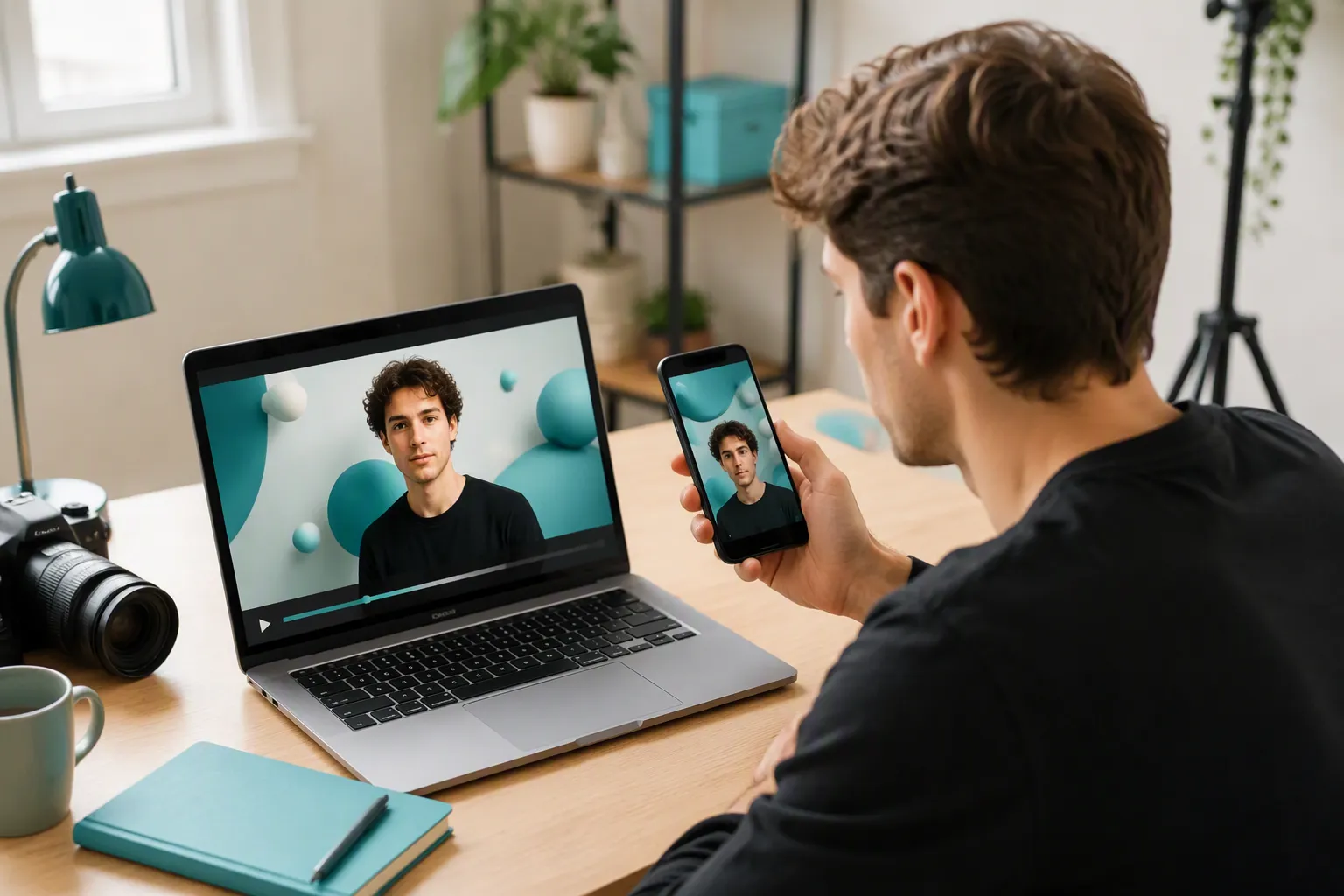 Content creator reviewing a talking-photo short video on a smartphone and laptop.