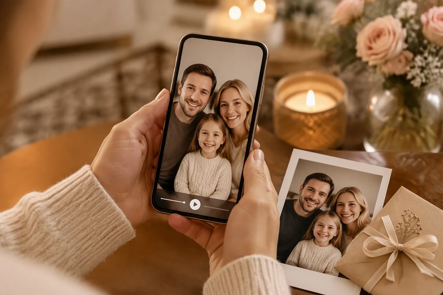 Smartphone showing a personalized talking-photo greeting made from a family portrait.