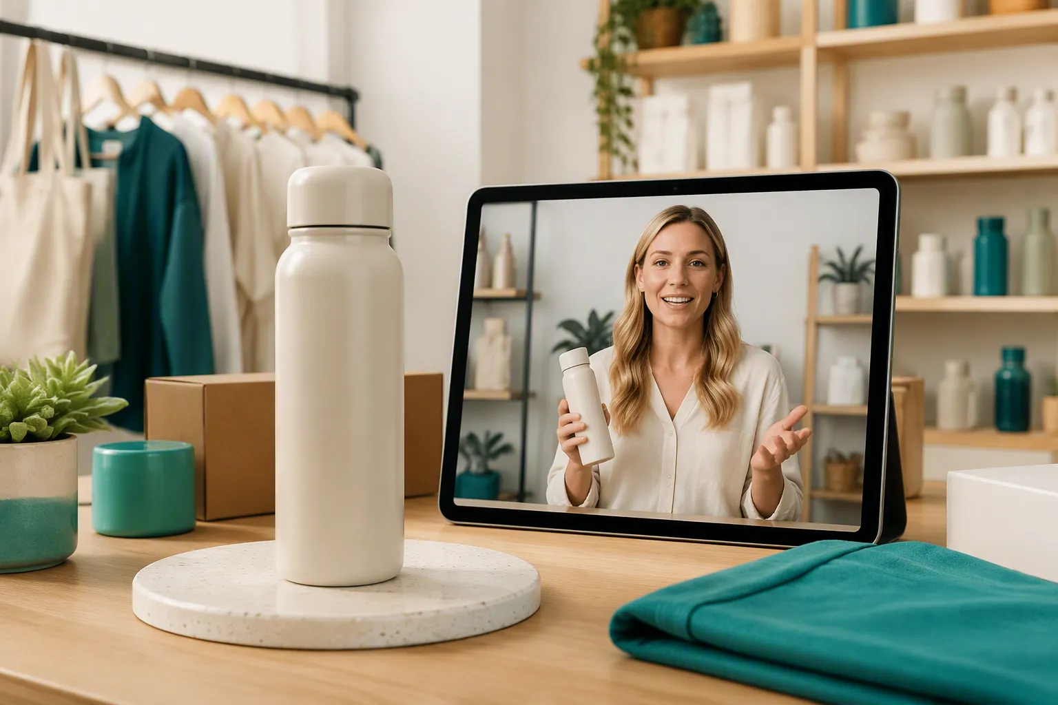 Small-business product display paired with a talking presenter video on a tablet.