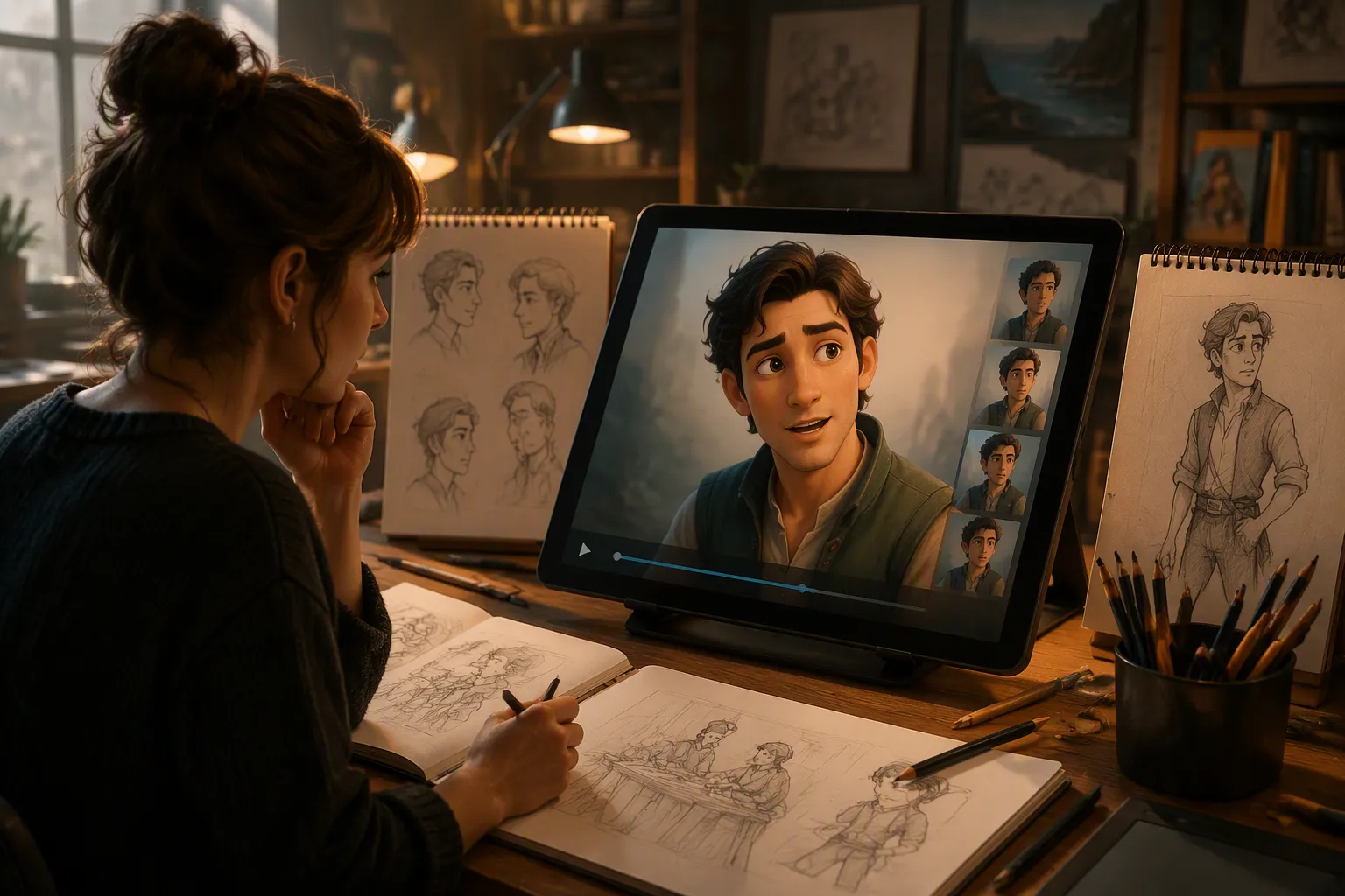 Storyteller testing an illustrated character as a talking video beside early sketches.