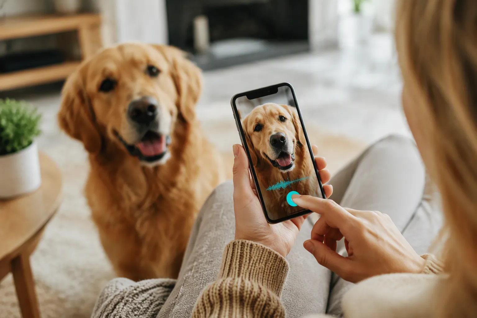 Pet portrait displayed as a playful AI talking-photo video on a smartphone.