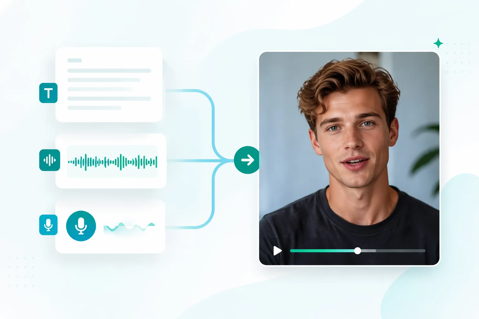 Three voice-input options - script, audio, and recording - leading to an AI talking photo video.