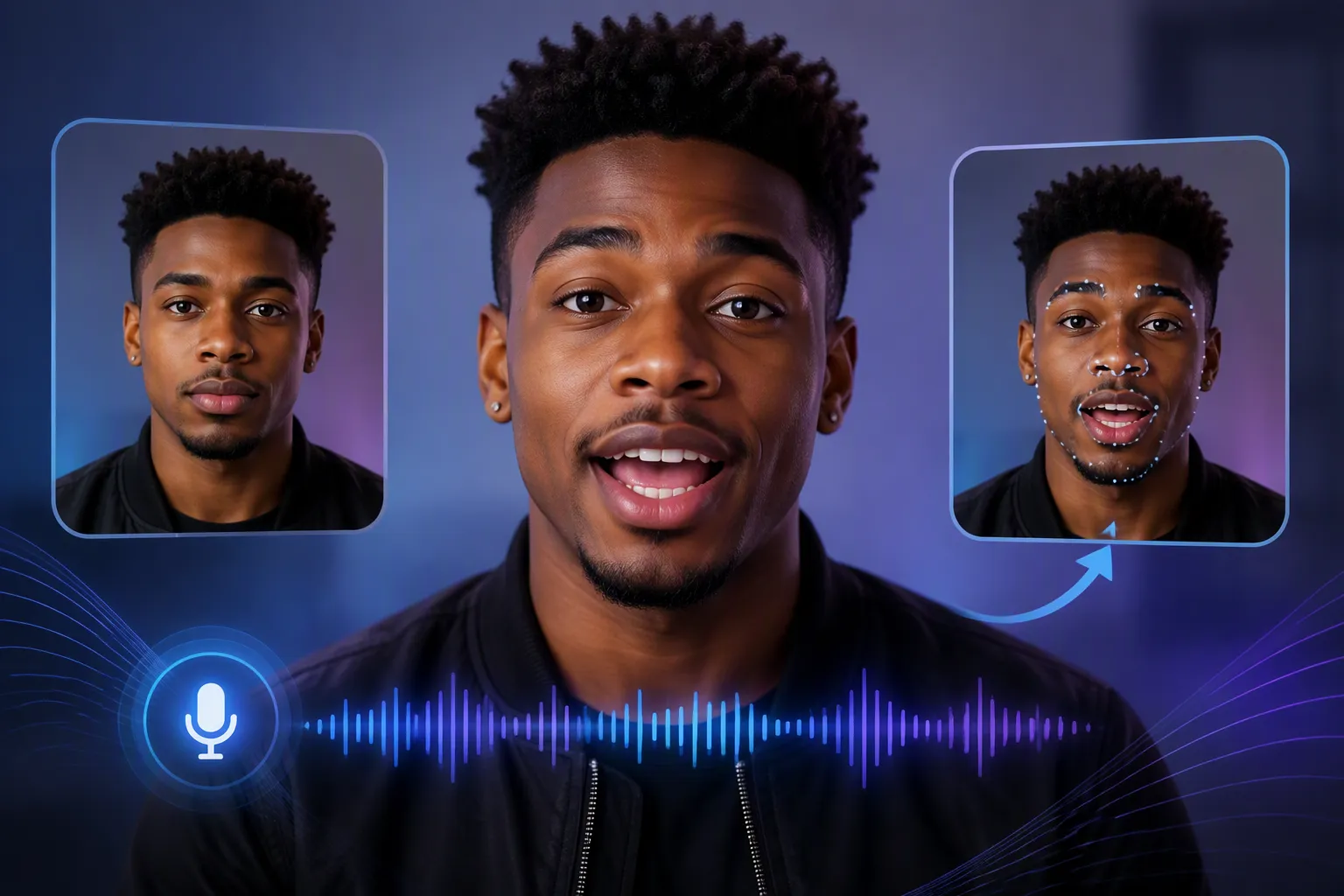 Close-up portrait with a subtle audio waveform illustrating natural AI lip sync.