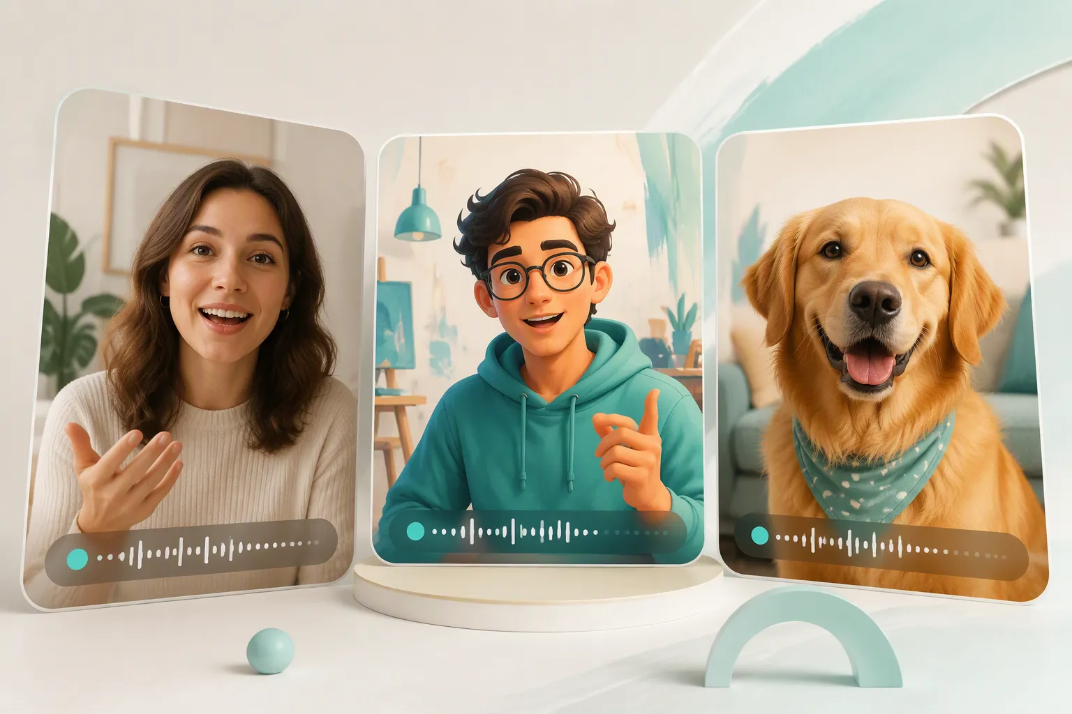 AI talking photo examples featuring a portrait, illustrated character, and pet image.